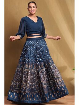 Biba - Womens Navy Blue Chiffon Skirt with Crop Top (Set of 2)