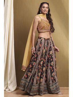 Biba - Womens Yellow-Navy Blue Printed Lehenga with Blouse and Dupatta (Set of 3)