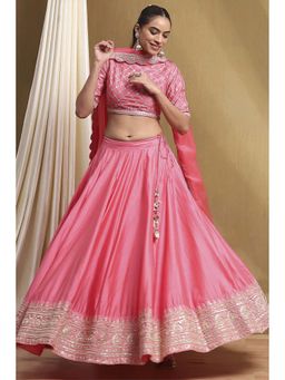 Biba - Womens Pink Embroidered Lehenga with Blouse and Dupatta (Set of 3)