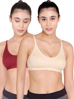 Bodycare - Sports Bra In Maroon-Peach-Skin Color - Pack Of 3