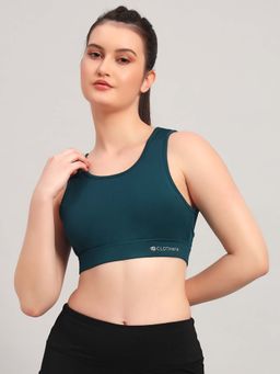 CLOTHWIK - Green Solid Styled Back Sports Bra