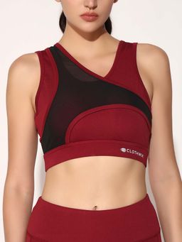 CLOTHWIK - Maroon Solid Styled Back Sports Bra