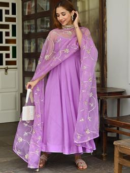 Lavanya The Label - Purple Silk Anarkali (Set of 3)