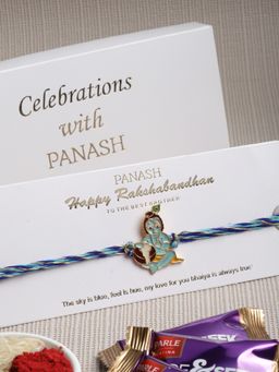 PANASH - Turquoise & Gold-Toned Bal Gopal Designer Rakhi With Chocolate