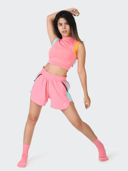 Kica - Set: High Waisted Shorts & High Neck Crop Top - Pink