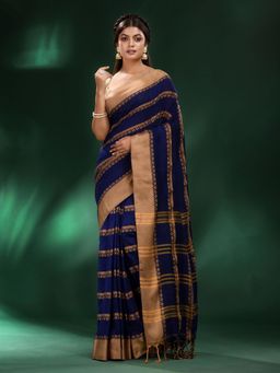 CHARUKRITI - Blue Cotton Soft Saree with Unstitched Blouse