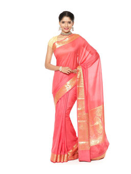 Banarasi Silk Works - Pink Valkalam Zari Anchal Border Art Saree with Unstitched Blouse