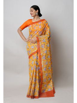 Unnati Silks - Yellow Pure Block Print Kota Cotton Saree with Unstitched Blouse
