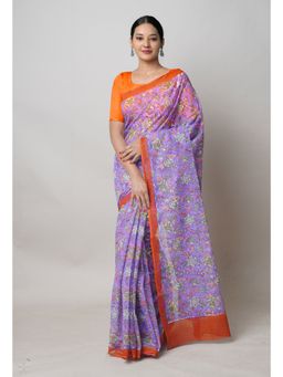 Unnati Silks - Purple Pure Block Print Kota Cotton Saree with Unstitched Blouse