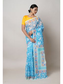 Unnati Silks - Blue Pure Block Print Kota Cotton Saree with Unstitched Blouse
