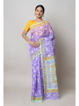 Unnati Silks - Purple Pure Block Print Kota Cotton Saree with Unstitched Blouse
