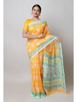 Unnati Silks - Yellow Pure Block Print Kota Cotton Saree with Unstitched Blouse