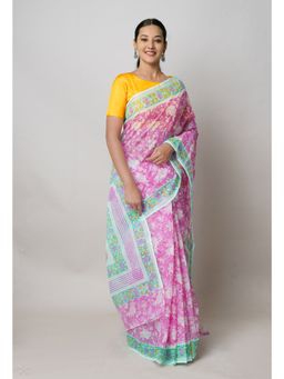 Unnati Silks - Pink Pure Block Print Kota Cotton Saree with Unstitched Blouse