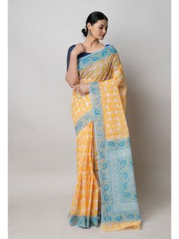 Unnati Silks - Yellow Pure Block Print Kota Cotton Saree with Unstitched Blouse