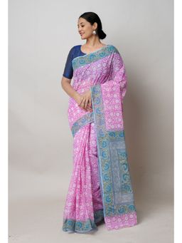 Unnati Silks - Pink Pure Block Print Kota Cotton Saree with Unstitched Blouse