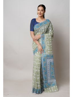 Unnati Silks - Green Pure Block Print Kota Cotton Saree with Unstitched Blouse
