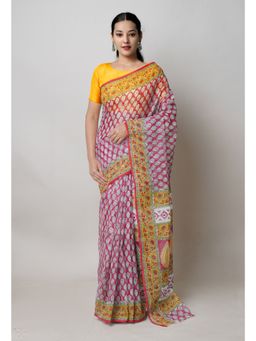 Unnati Silks - Maroon Pure Block Print Kota Cotton Saree with Unstitched Blouse