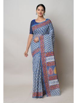 Unnati Silks - Blue Pure Block Print Kota Cotton Saree with Unstitched Blouse