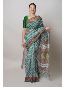 Unnati Silks - Green Pure Block Print Kota Cotton Saree with Unstitched Blouse