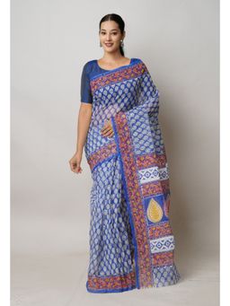 Unnati Silks - Dark Blue Pure Block Print Kota Cotton Saree with Unstitched Blouse