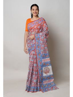 Unnati Silks - Rust Orange Pure Block Print Kota Cotton Saree with Unstitched Blouse