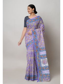 Unnati Silks - Purple Pure Block Print Kota Cotton Saree with Unstitched Blouse