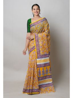 Unnati Silks - Yellow Pure Block Print Kota Cotton Saree with Unstitched Blouse
