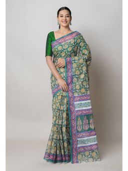 Unnati Silks - Green Pure Block Print Kota Cotton Saree with Unstitched Blouse