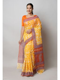 Unnati Silks - Yellow Pure Block Print Kota Cotton Saree with Unstitched Blouse