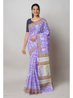 Unnati Silks - Purple Pure Block Print Kota Cotton Saree with Unstitched Blouse