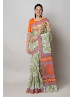 Unnati Silks - Green Pure Block Print Kota Cotton Saree with Unstitched Blouse