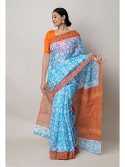 Unnati Silks - Blue Pure Block Print Kota Cotton Saree with Unstitched Blouse