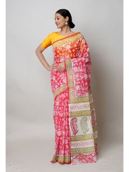 Unnati Silks - Red Pure Block Print Kota Cotton Saree with Unstitched Blouse