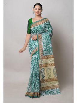 Unnati Silks - Green Pure Block Print Kota Cotton Saree with Unstitched Blouse