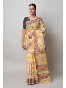 Unnati Silks - Yellow Pure Block Print Kota Cotton Saree with Unstitched Blouse