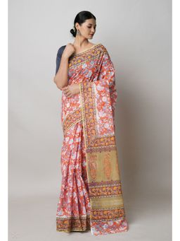 Unnati Silks - Orange Pure Block Print Kota Cotton Saree with Unstitched Blouse