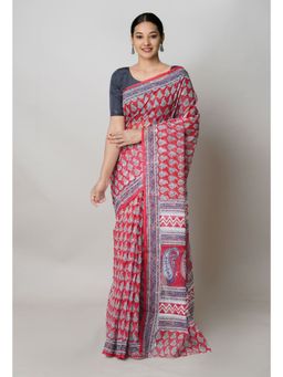 Unnati Silks - Red Pure Block Print Kota Cotton Saree with Unstitched Blouse