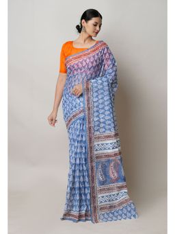 Unnati Silks - Blue Pure Block Print Kota Cotton Saree with Unstitched Blouse