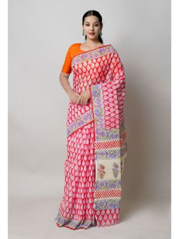 Unnati Silks - Red Pure Block Print Kota Cotton Saree with Unstitched Blouse