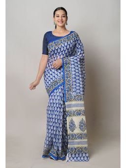 Unnati Silks - Dark Blue Pure Block Print Kota Cotton Saree with Unstitched Blouse