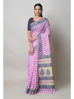 Unnati Silks - Pink Pure Block Print Kota Cotton Saree with Unstitched Blouse