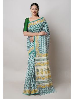 Unnati Silks - Green Pure Block Print Kota Cotton Saree with Unstitched Blouse