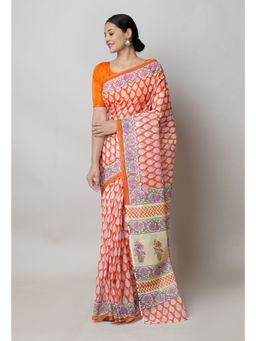 Unnati Silks - Rust Orange Pure Block Print Kota Cotton Saree with Unstitched Blouse