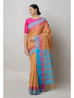 Unnati Silks - Khaki Brown Pure Handloom Narayanpet Cotton Saree with Unstitched Blouse
