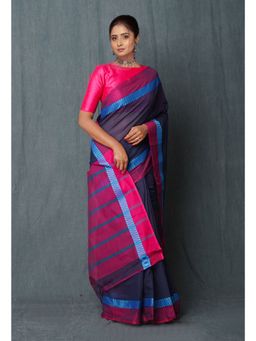 Unnati Silks - Navy Blue Pure Handloom Narayanpet Cotton Saree with Unstitched Blouse