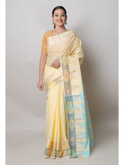 Unnati Silks - Cream Pure Handloom Narayanpet Cotton Saree with Unstitched Blouse