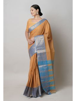 Unnati Silks - Khaki Brown Pure Handloom Narayanpet Cotton Saree with Unstitched Blouse