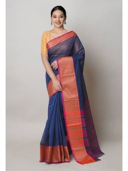 Unnati Silks - Navy Blue Pure Handloom Narayanpet Cotton Saree with Unstitched Blouse