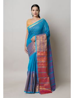 Unnati Silks - Blue Pure Handloom Narayanpet Cotton Saree with Unstitched Blouse