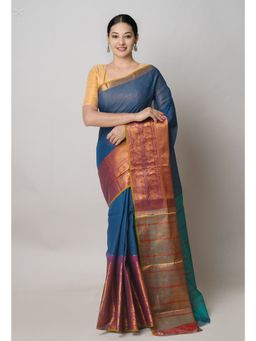 Unnati Silks - Peacock Blue Pure Handloom Narayanpet Cotton Saree with Unstitched Blouse